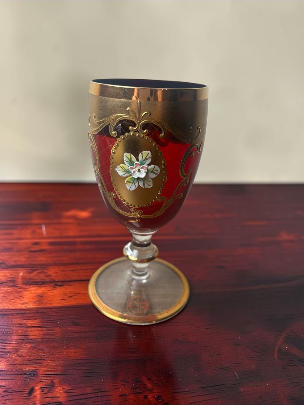 Ruby Red Gold Enamel Floral Goblet